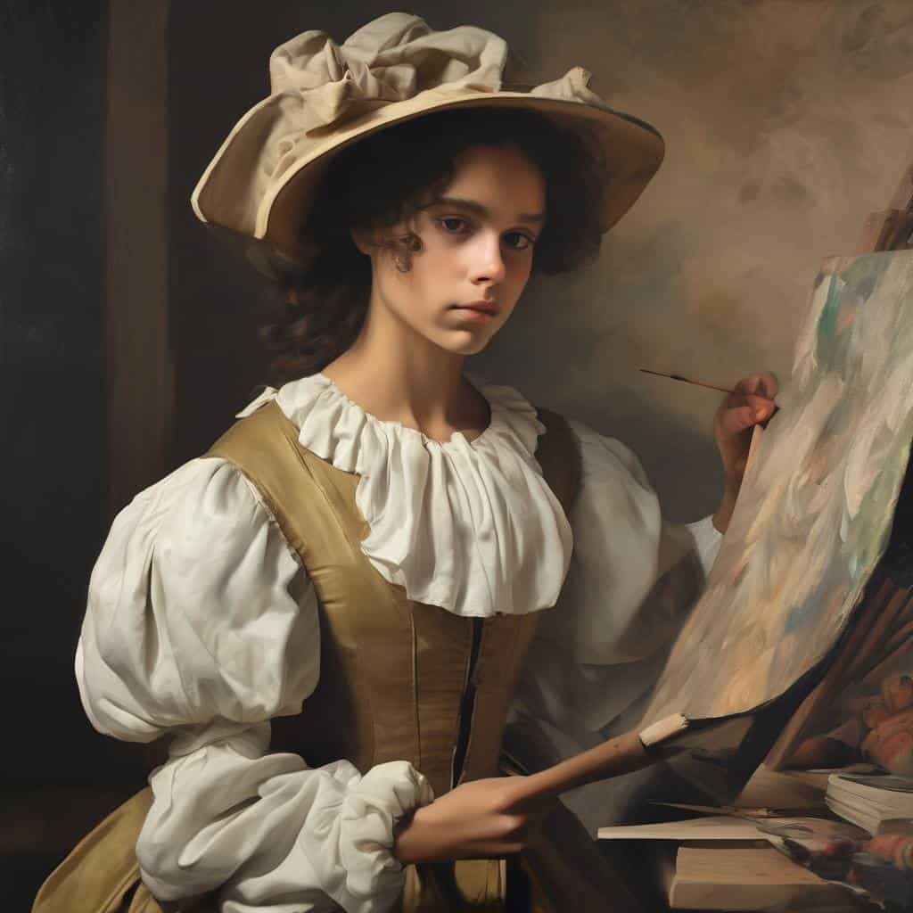 Ζωγράφος γυναίκα με καπέλο και πένσα σε στούντιο ζωγραφικής, τέχνη και σύγχρονοι καλλιτέχνες.