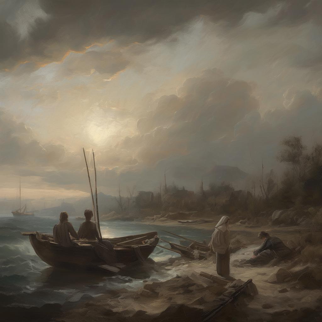 Γκρίζες νεφώσεις πάνω από ήσυχη θάλασσα με ανθρώπους και σκάφος, τέχνη και σύγχρονοι καλλιτέχνες.