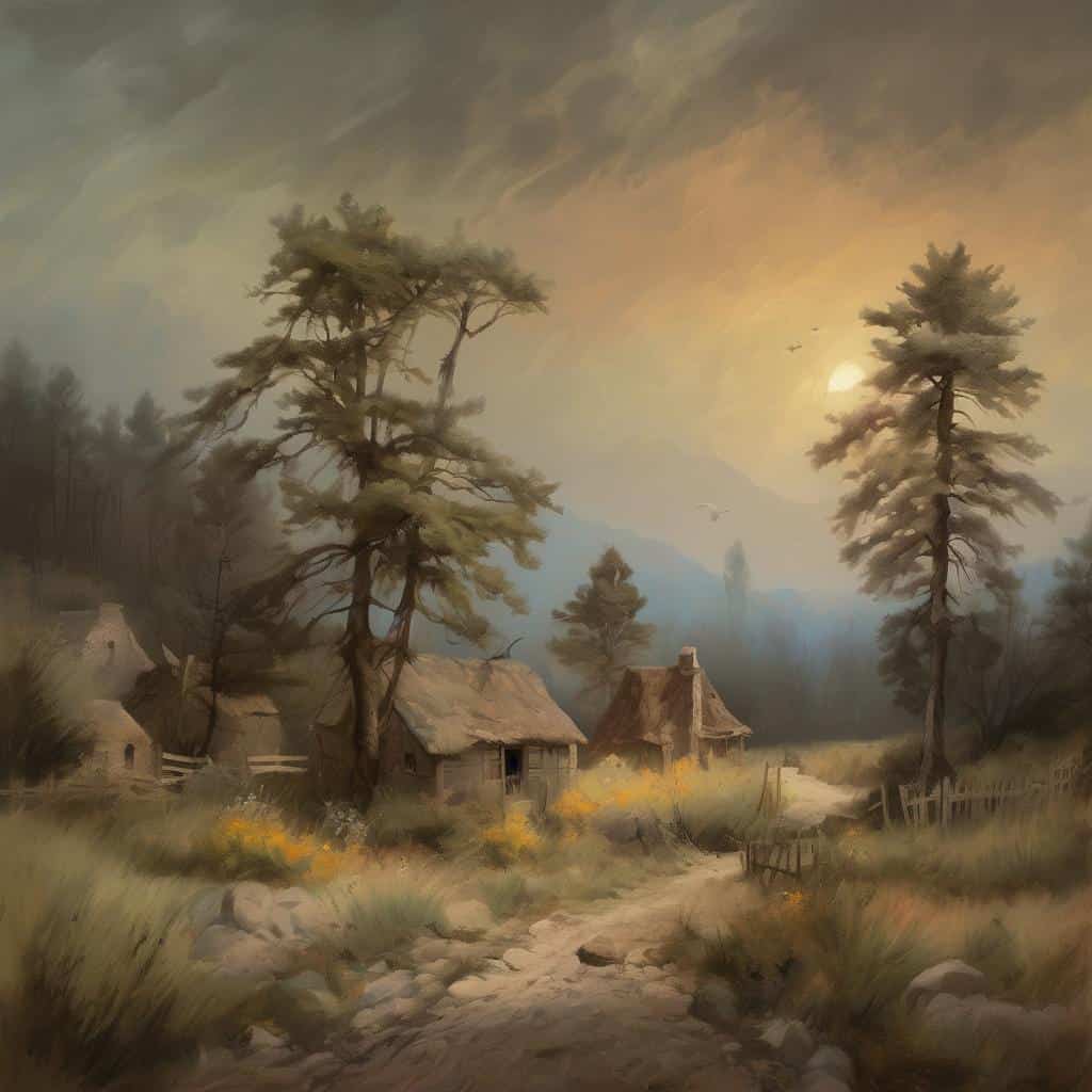 Παραδοσιακή τέχνη, σύγχρονοι καλλιτέχνες σε landscape σκηνή, καφέ σπίτια, δέντρα και ηρεμία, τέχνη και δημιουργία.