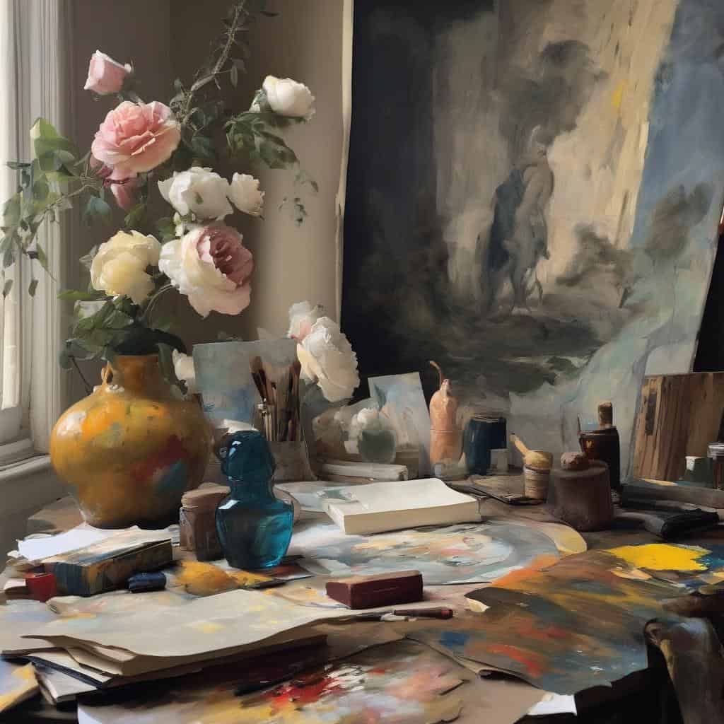 Ζωγραφικά έργα και σύγχρονοι καλλιτέχνες σε καλλιτεχνικό στούντιο.