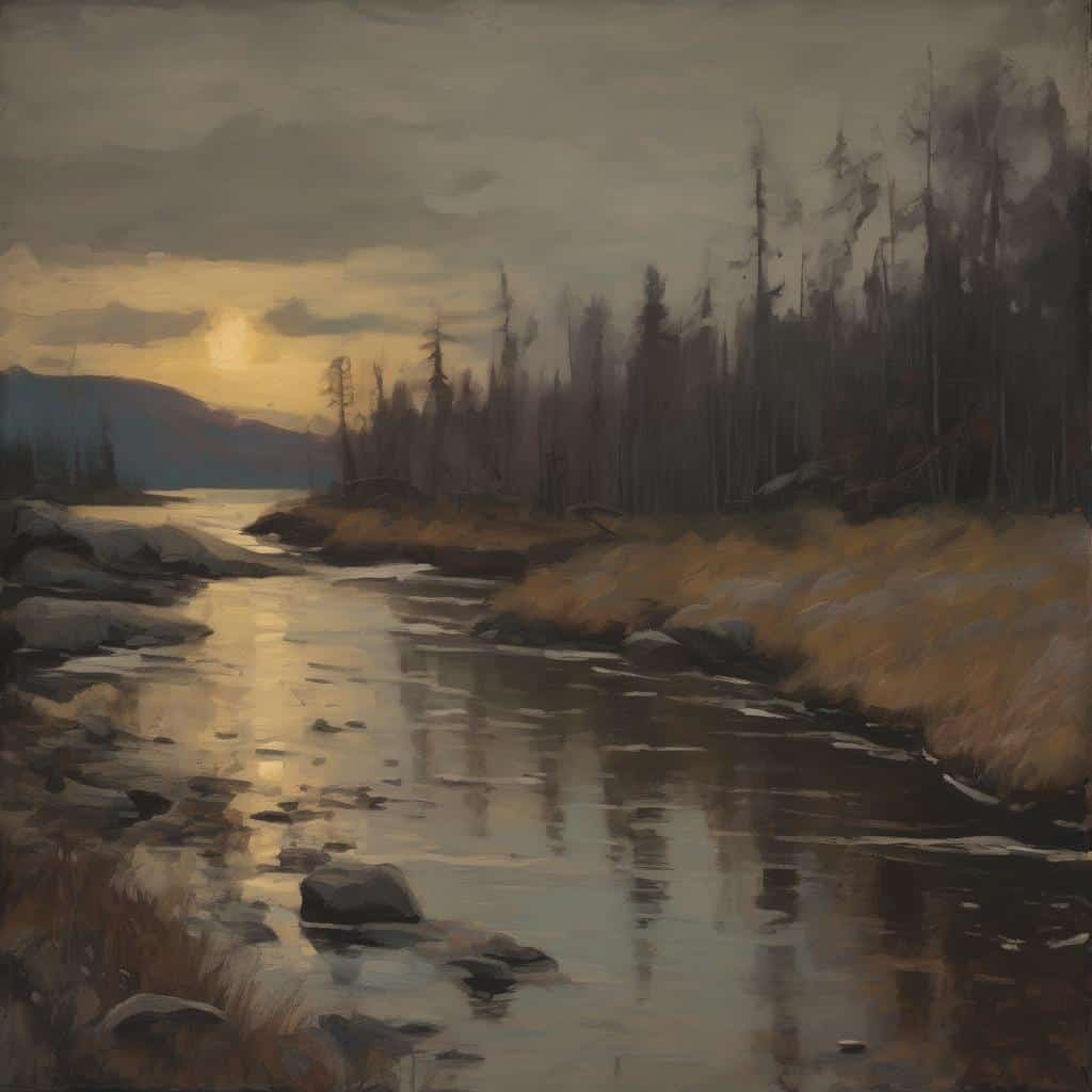 Ορεινό τοπίο με ποτάμι και δέντρα σε γκρίζο και καφέ τόνους, εμπνευσμένο από σύγχρονη τέχνη και καλλιτέχνες.