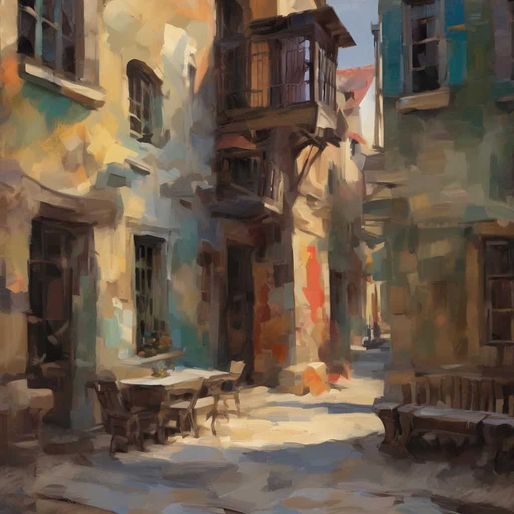 Παλιόσκηνη γωνιά στην πόλη με παραδοσιακή αρχιτεκτονική, ζωντανή καλλιτεχνική ατμόσφαιρα και στοιχεία σύγχρονων καλλιτεχνών.